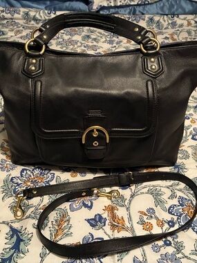 Coach Black Leather Shoulder Tote with Gold Hardware